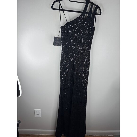 NEW Ieena for Mac Duggal Black Sequin Gown One Shoulder Column Size 0 42029 - Picture 6 of 8